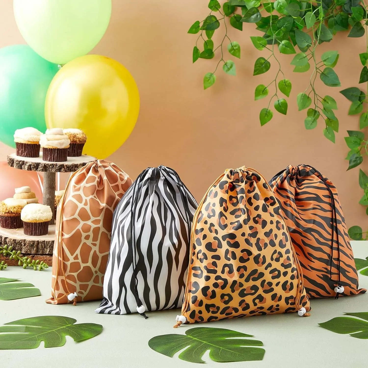 BLUE PANDA 12 Pack Animal Print Drawstring Gift Bags for Jungle Safari Birthday Party Favors, Goodies, Treats (4 Designs, 10 x 12 In)