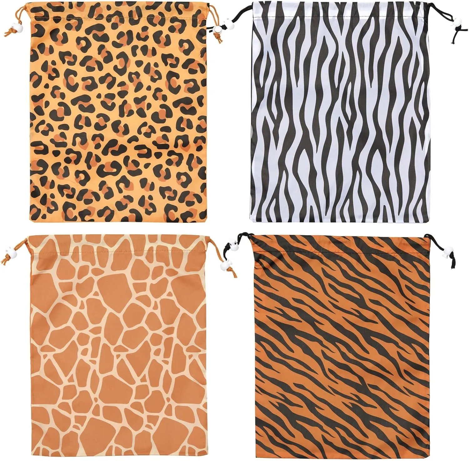 BLUE PANDA 12 Pack Animal Print Drawstring Gift Bags for Jungle Safari Birthday Party Favors, Goodies, Treats (4 Designs, 10 x 12 In)