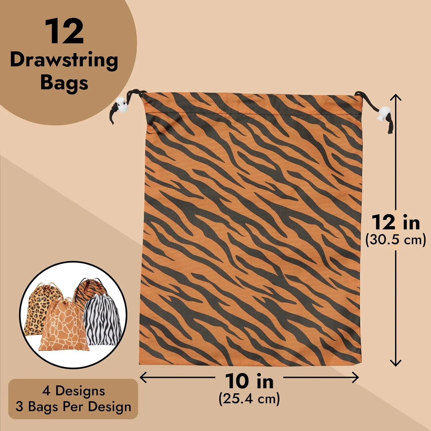 BLUE PANDA 12 Pack Animal Print Drawstring Gift Bags for Jungle Safari Birthday Party Favors, Goodies, Treats (4 Designs, 10 x 12 In)