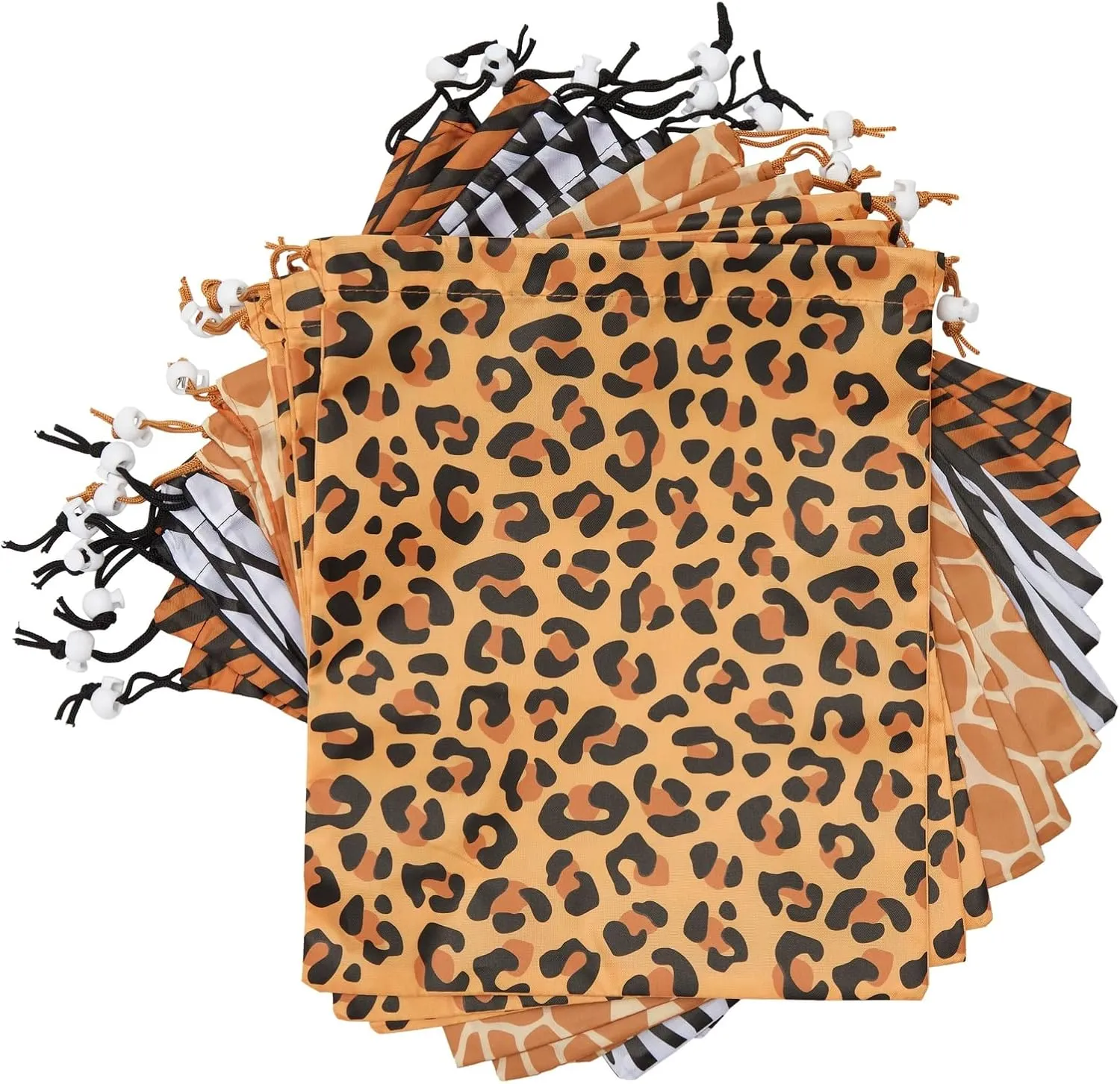 BLUE PANDA 12 Pack Animal Print Drawstring Gift Bags for Jungle Safari Birthday Party Favors, Goodies, Treats (4 Designs, 10 x 12 In)