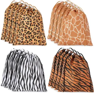 BLUE PANDA 12 Pack Animal Print Drawstring Gift Bags for Jungle Safari Birthday Party Favors, Goodies, Treats (4 Designs, 10 x 12 In)