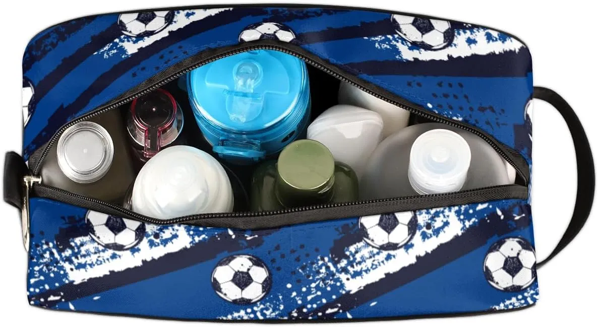 Blue Soccer Travel Toiletry Bag for Boys Teens, Waterproof Hanging Dopp Kit for Men, Shaving Bag with Large Capacity for Travel,Sports Shower