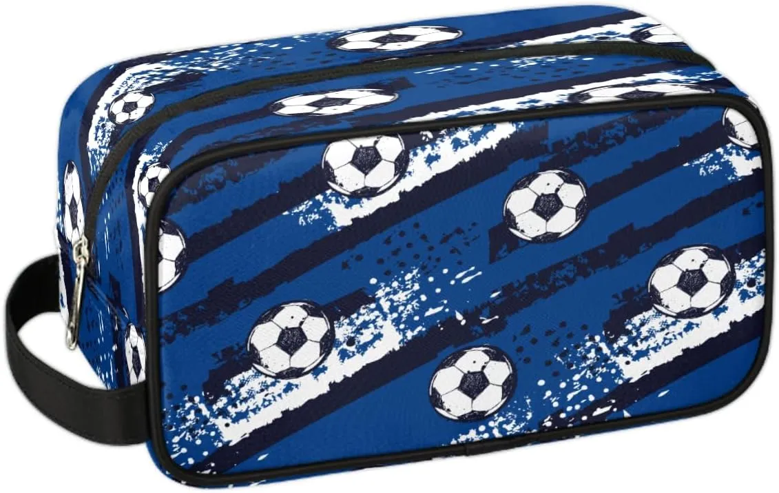 Blue Soccer Travel Toiletry Bag for Boys Teens, Waterproof Hanging Dopp Kit for Men, Shaving Bag with Large Capacity for Travel,Sports Shower