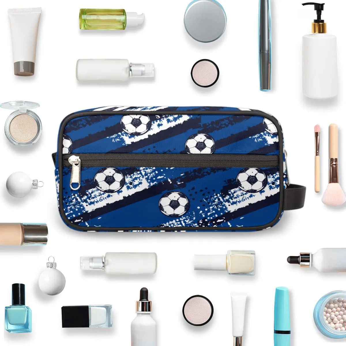 Blue Soccer Travel Toiletry Bag for Boys Teens, Waterproof Hanging Dopp Kit for Men, Shaving Bag with Large Capacity for Travel,Sports Shower