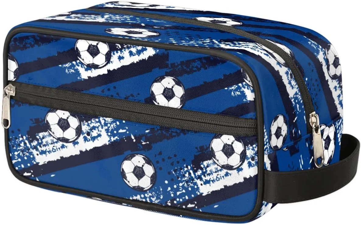 Blue Soccer Travel Toiletry Bag for Boys Teens, Waterproof Hanging Dopp Kit for Men, Shaving Bag with Large Capacity for Travel,Sports Shower