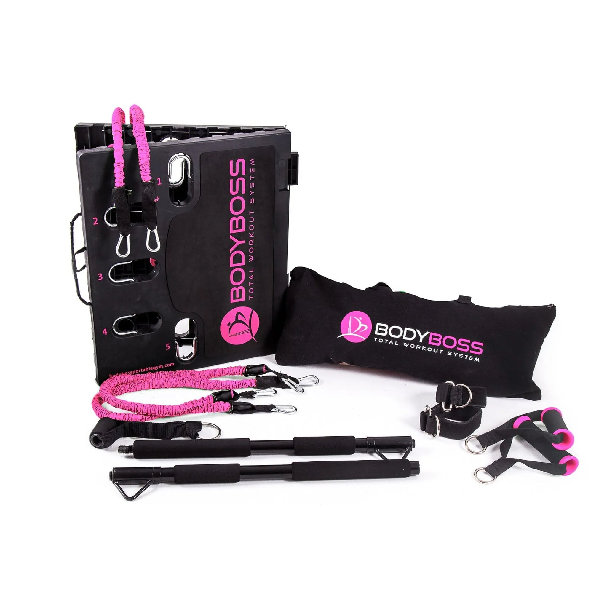 BodyBoss Home Gym 2.0 - Full Portable Gym Home   Extra Bands Workout Package, Pink