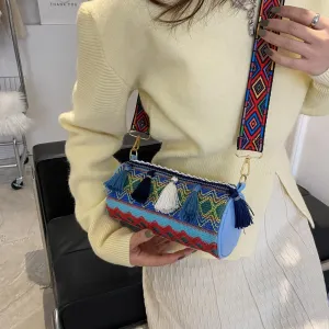 Boho Crossbody Bag with Tassels, Ethnic Pattern Shoulder Strap, Cylinder Shape, Multi-Color