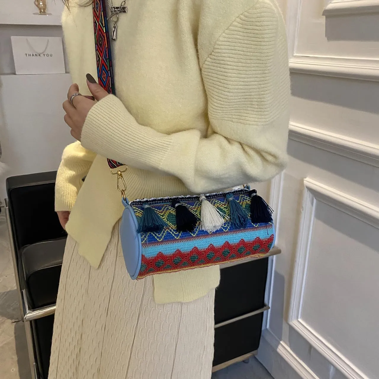 Boho Crossbody Bag with Tassels, Ethnic Pattern Shoulder Strap, Cylinder Shape, Multi-Color