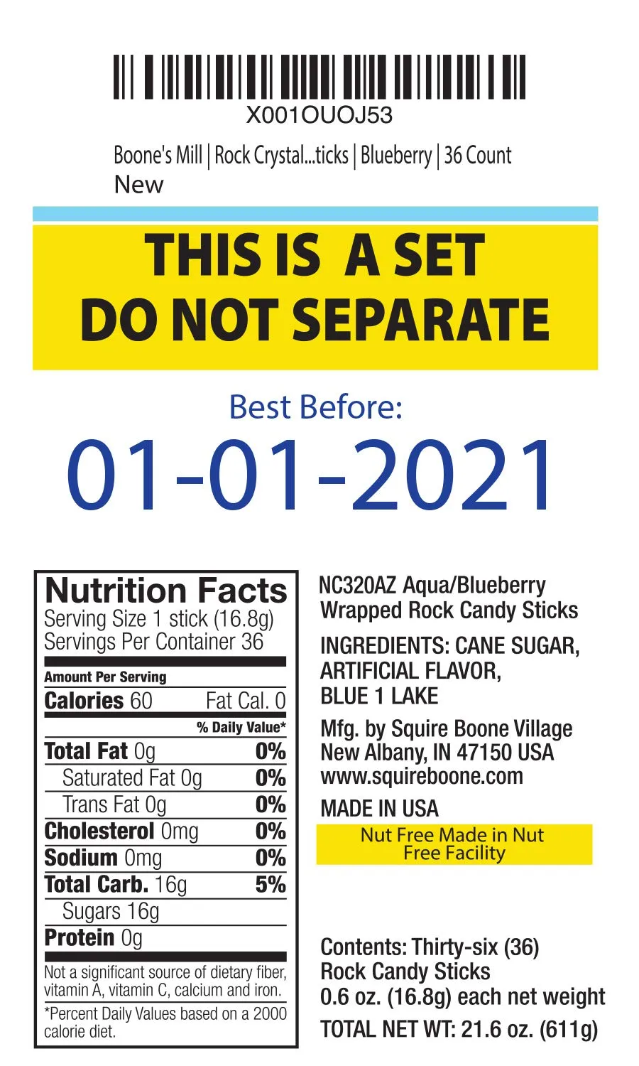 Boone's Mill | Rock Crystal Candy Sticks | Blue Blueberry | 36 Sticks