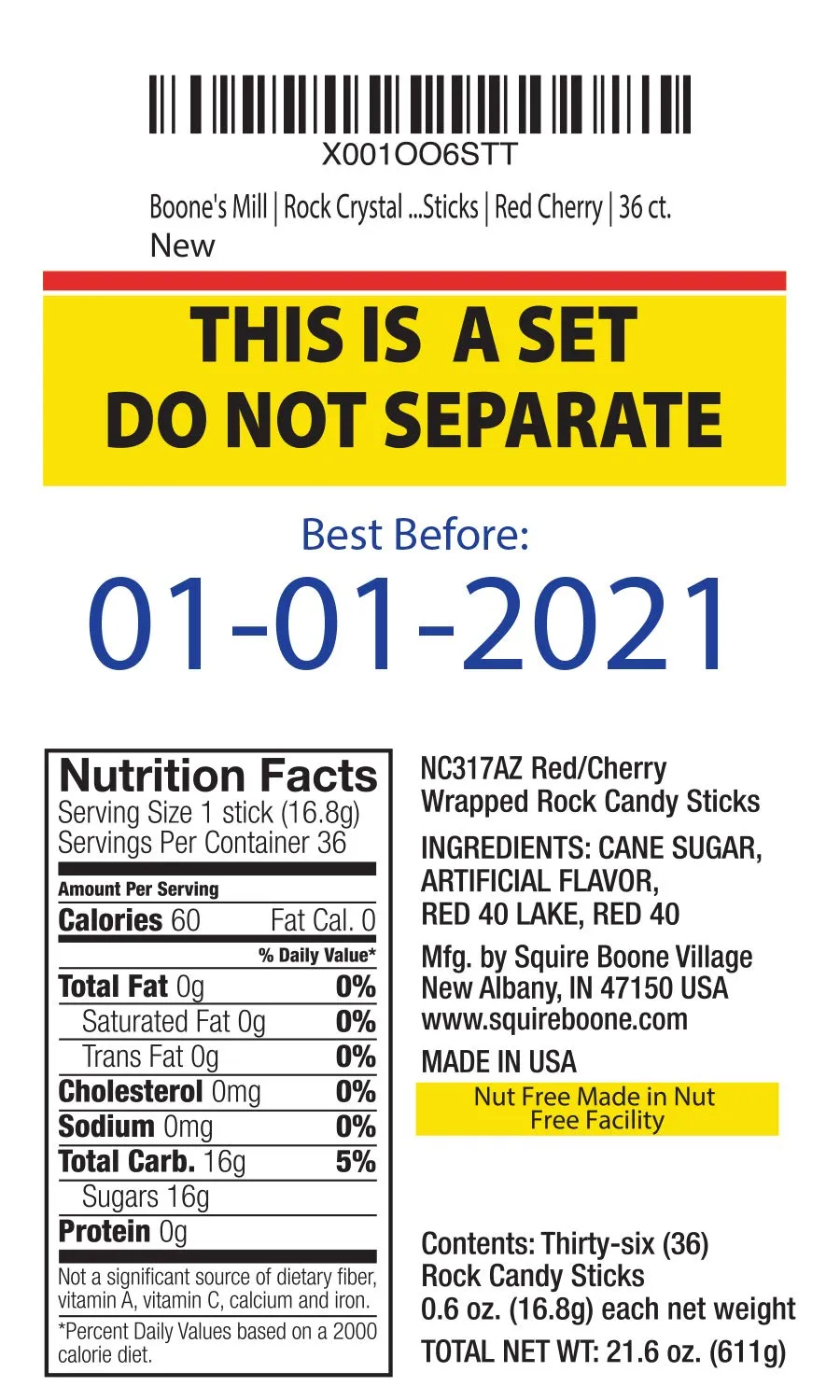 Boone's Mill | Rock Crystal Candy Sticks | Red Cherry | 36 Sticks
