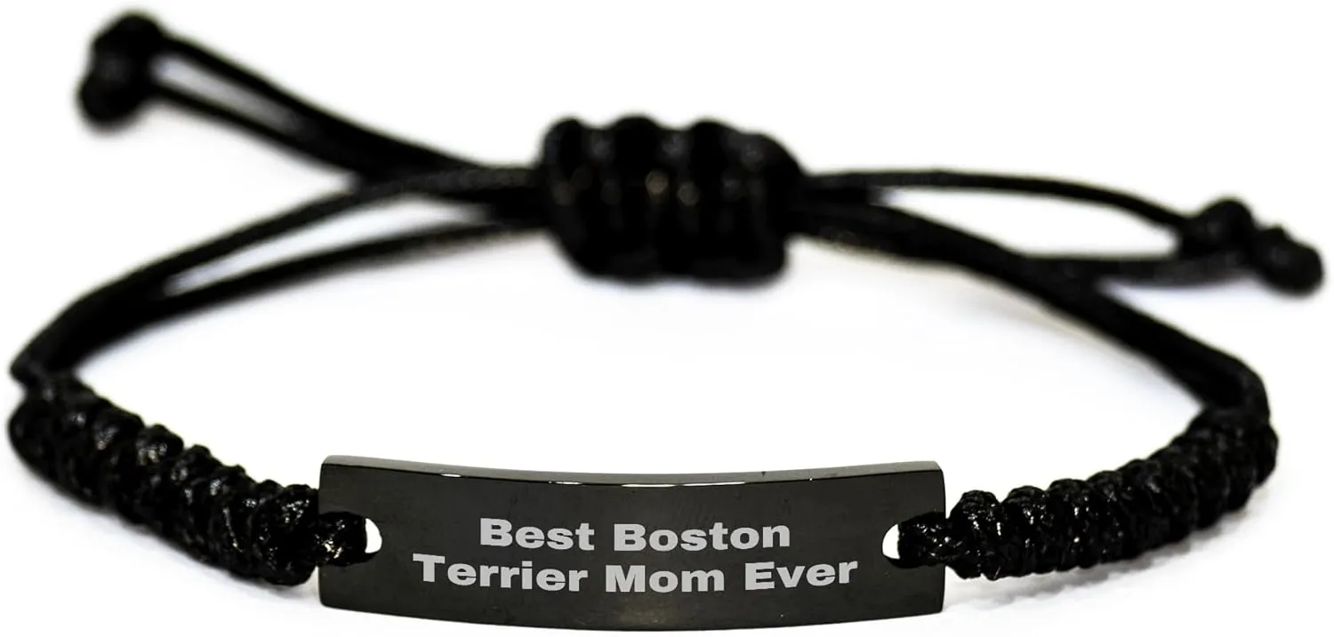 Boston Terrier Dog Mom Gifts: Funny Inspirational Quote Rope Necklace, Adjustable Black Stainless Steel Engraved Jewelry for Boston Terrier Lovers, Christmas Memorable Presents for Her