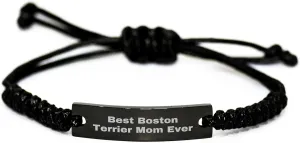Boston Terrier Dog Mom Gifts: Funny Inspirational Quote Rope Necklace, Adjustable Black Stainless Steel Engraved Jewelry for Boston Terrier Lovers, Christmas Memorable Presents for Her