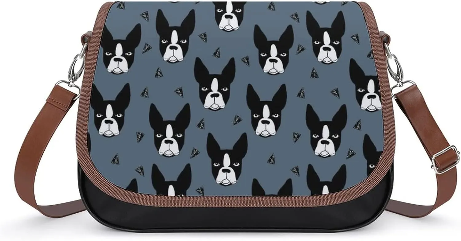 Boston Terrier Dogs Women's Crossbody Bag Leather Shoulder Bag Handbag Portable Tote Purse for Office Travel