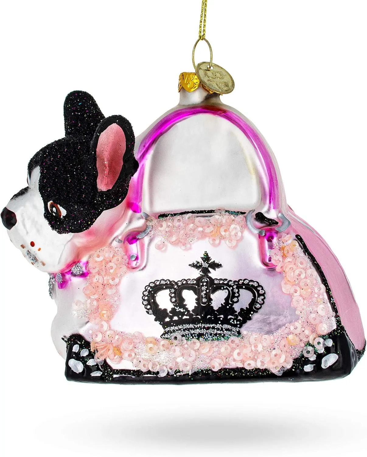 Boston Terrier in Pink Handbag Glass Christmas Ornament