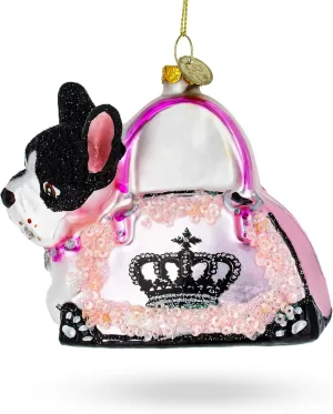 Boston Terrier in Pink Handbag Glass Christmas Ornament