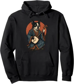 Boston Terrier Samurai Playing Shamisen Retro Vintage Dog Pullover Hoodie