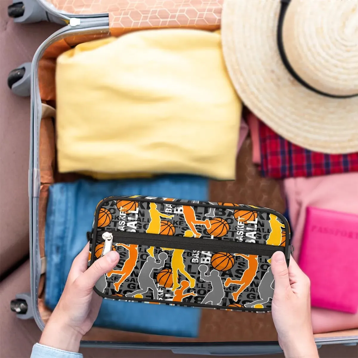 Boys Travel Toiletry Bag Basketball Kids Waterproof Hanging Dopp Kit, Wash Bag with Large Capacity for Travel, Sports, Shower