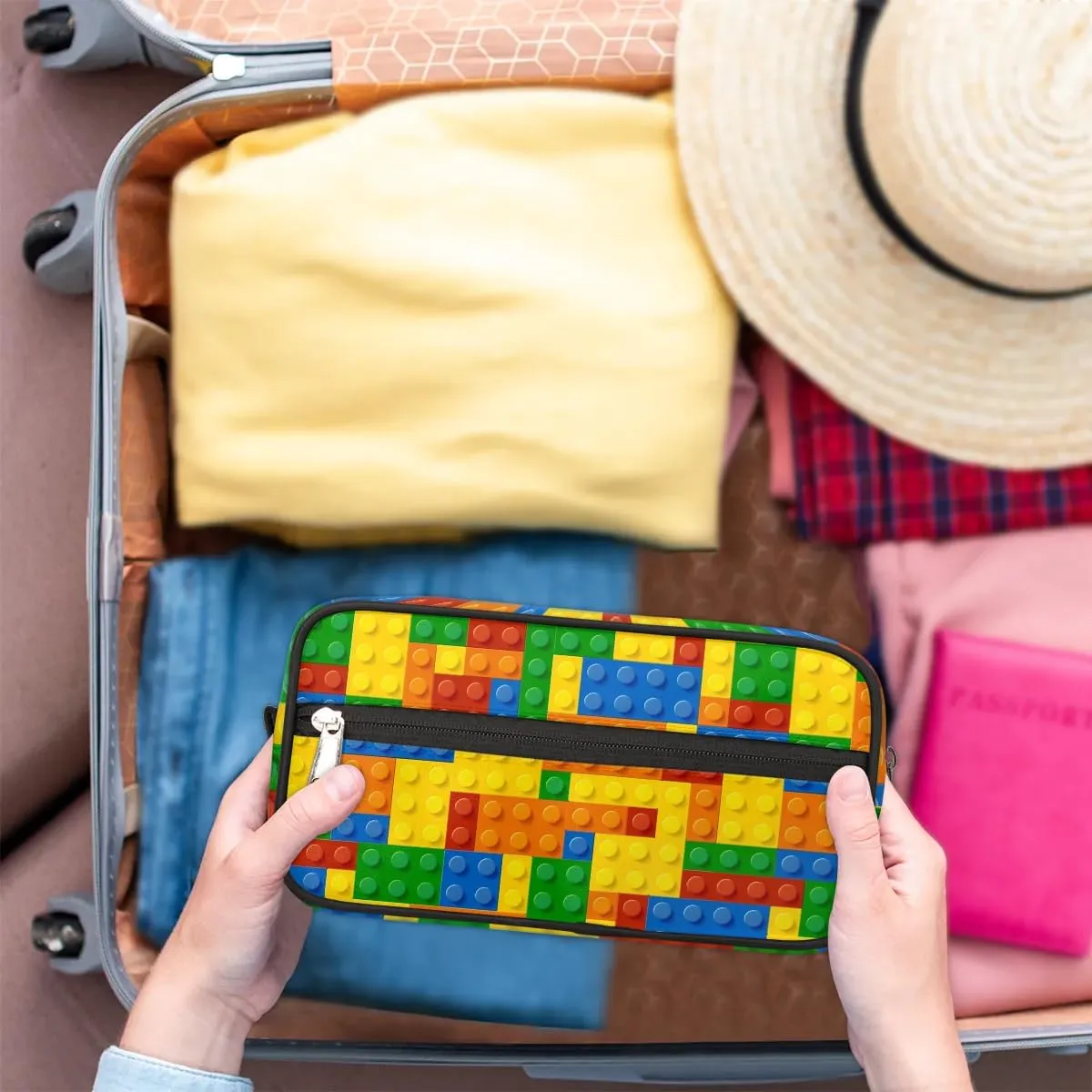 Boys Travel Toiletry Bag, Colorful Building Blocks Kids Waterproof Hanging Dopp Kit, Wash Bag with Large Capacity for Travel, Sports, Shower