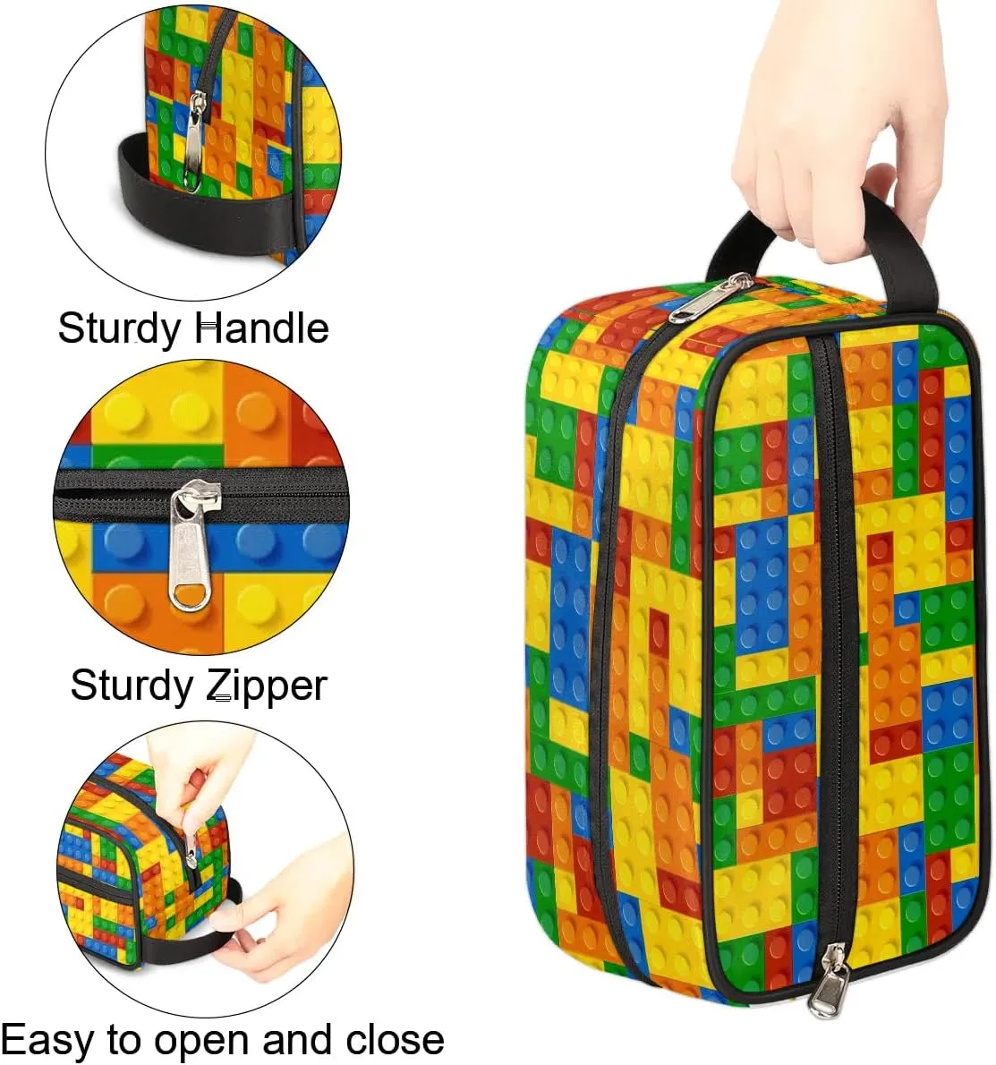 Boys Travel Toiletry Bag, Colorful Building Blocks Kids Waterproof Hanging Dopp Kit, Wash Bag with Large Capacity for Travel, Sports, Shower