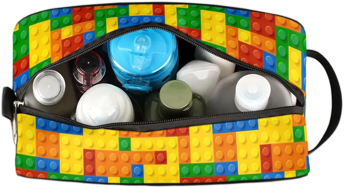 Boys Travel Toiletry Bag, Colorful Building Blocks Kids Waterproof Hanging Dopp Kit, Wash Bag with Large Capacity for Travel, Sports, Shower