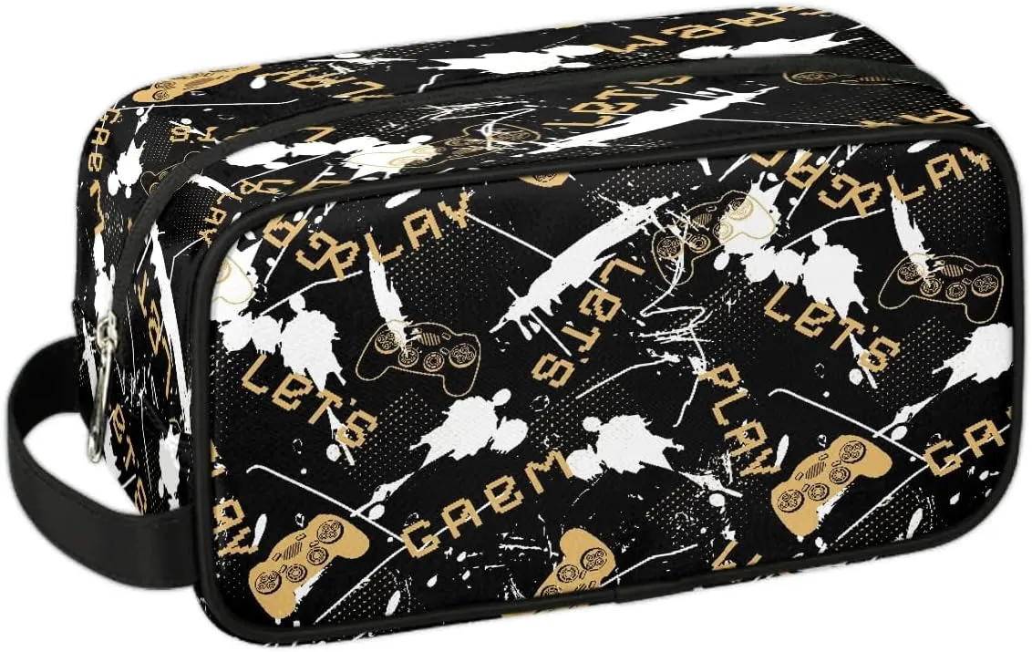 Boys Travel Toiletry Bag, Kids Waterproof Hanging Dopp Kit, Wash Bag with Large Capacity for Travel, Sports, Shower (Black Gamer Gamepad)