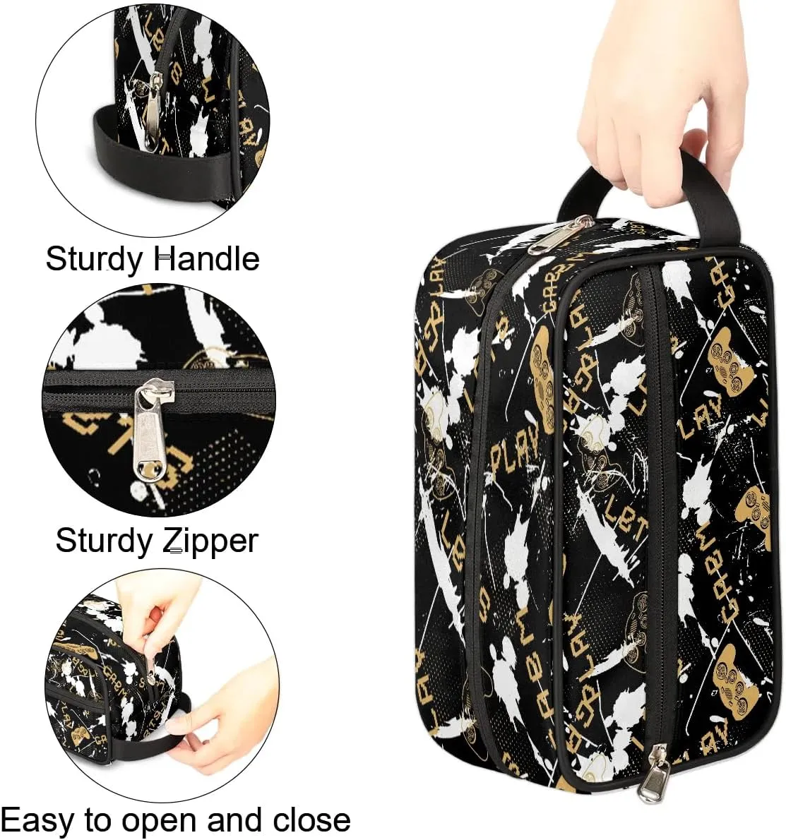 Boys Travel Toiletry Bag, Kids Waterproof Hanging Dopp Kit, Wash Bag with Large Capacity for Travel, Sports, Shower (Black Gamer Gamepad)