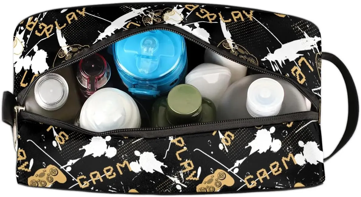 Boys Travel Toiletry Bag, Kids Waterproof Hanging Dopp Kit, Wash Bag with Large Capacity for Travel, Sports, Shower (Black Gamer Gamepad)