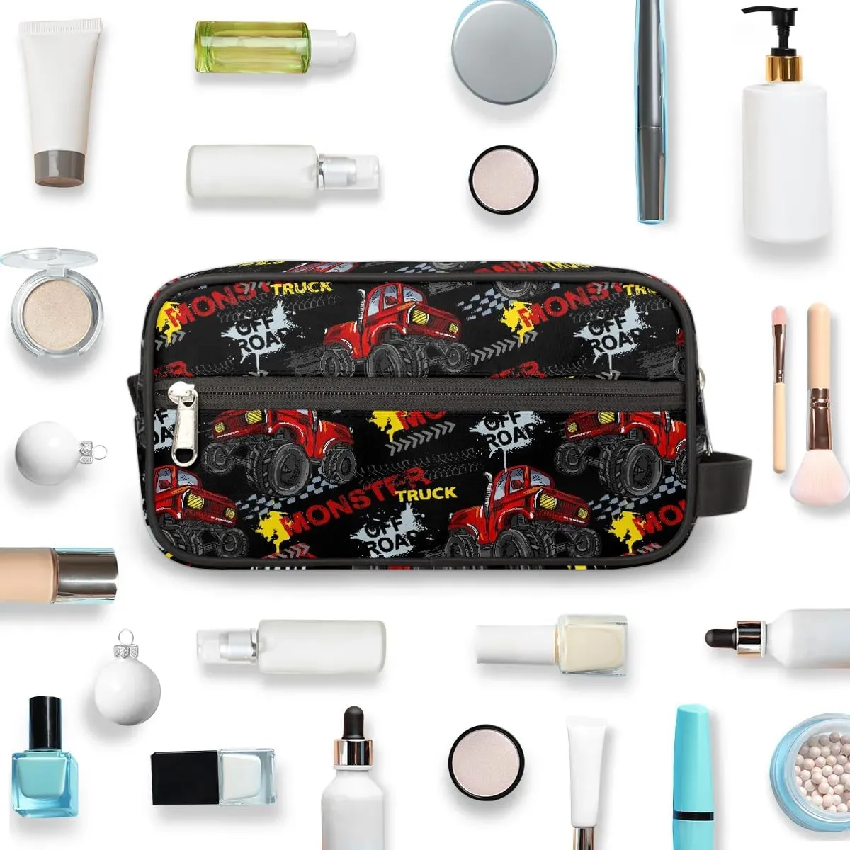Boys Travel Toiletry Bag, Red Monster Car Trucks Kids Waterproof Hanging Dopp Kit, Wash Bag with Large Capacity for Travel, Sports, Shower