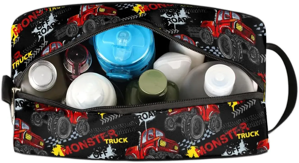 Boys Travel Toiletry Bag, Red Monster Car Trucks Kids Waterproof Hanging Dopp Kit, Wash Bag with Large Capacity for Travel, Sports, Shower