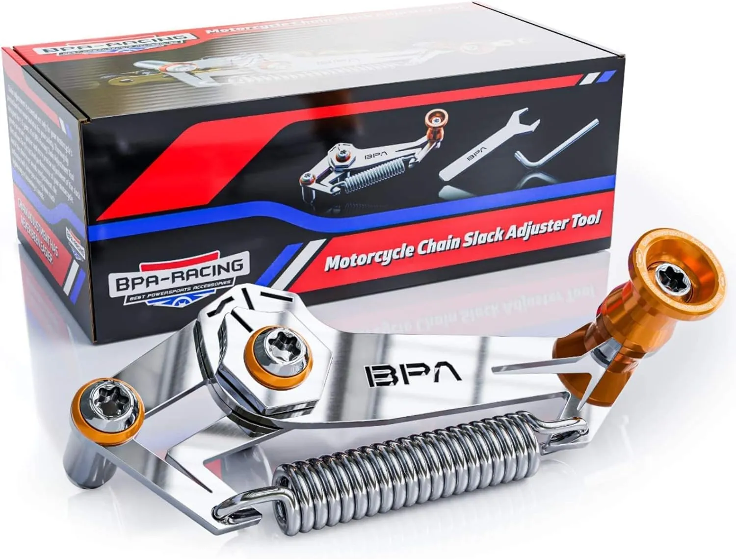 BPA-RACING Motorcycle Chain Slack Adjuster Tool - Innovative Chain Tensioning Tool for Easy, Quick & Precise Chain Slack Adjustment- Slack Setter Tool (Orange)