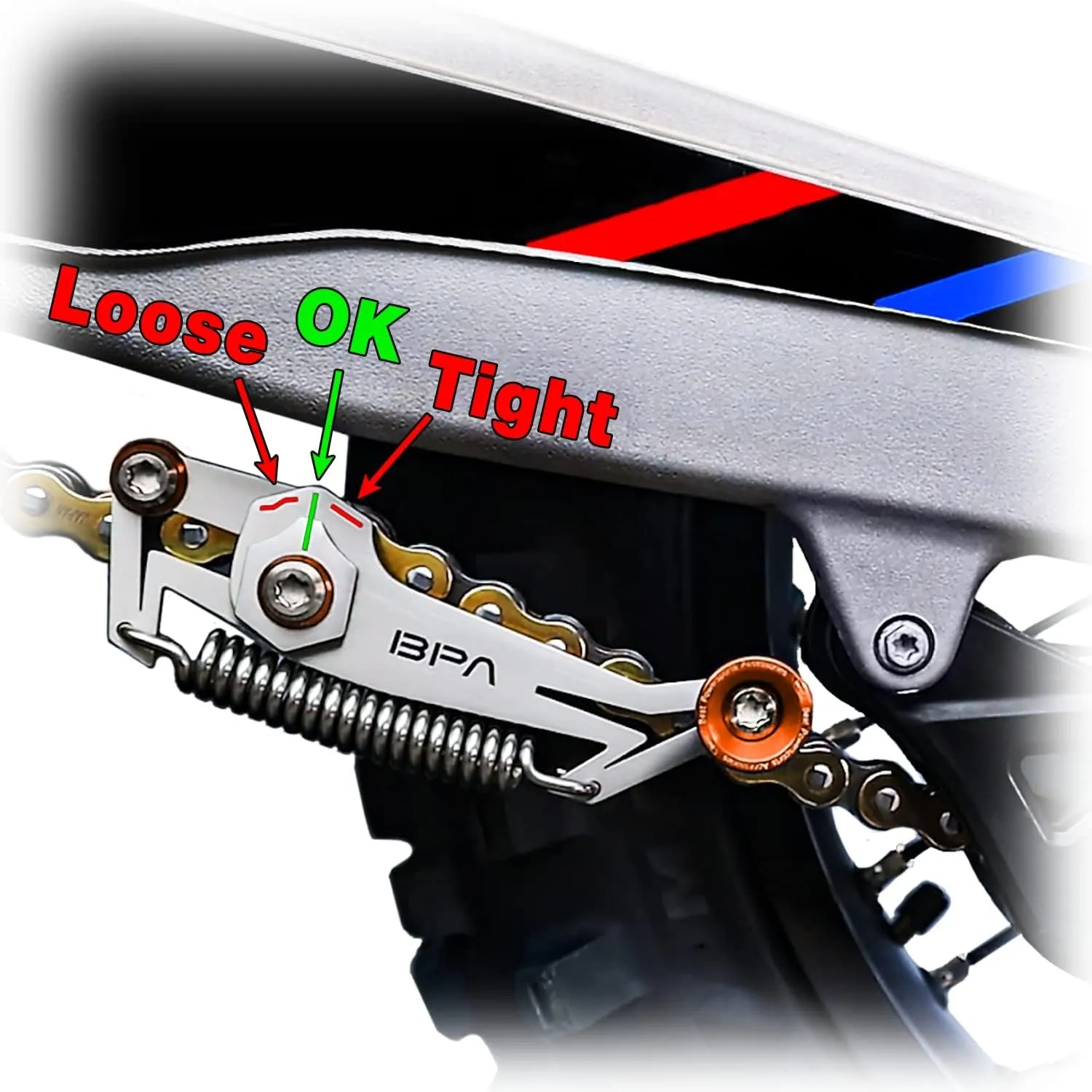 BPA-RACING Motorcycle Chain Slack Adjuster Tool - Innovative Chain Tensioning Tool for Easy, Quick & Precise Chain Slack Adjustment- Slack Setter Tool (Orange)
