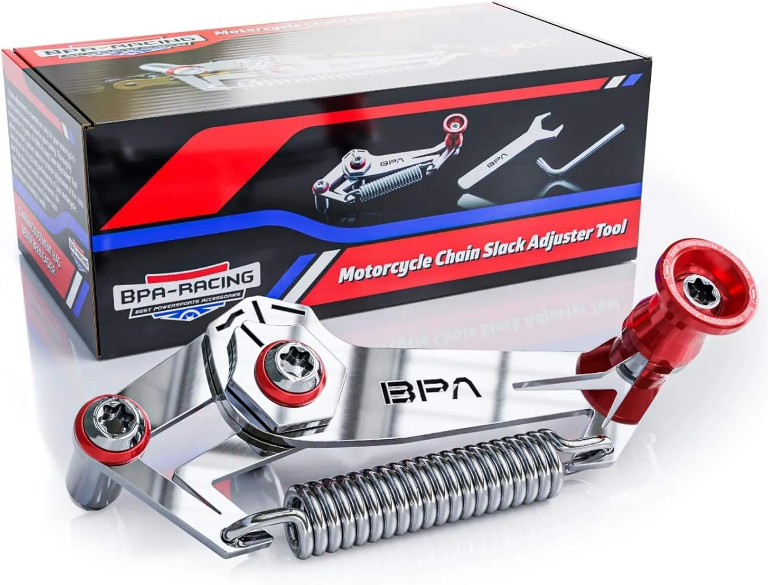BPA-RACING Motorcycle Chain Slack Adjuster Tool - Innovative Chain Tensioning Tool for Easy, Quick & Precise Chain Slack Adjustment- Slack Setter Tool (Red)