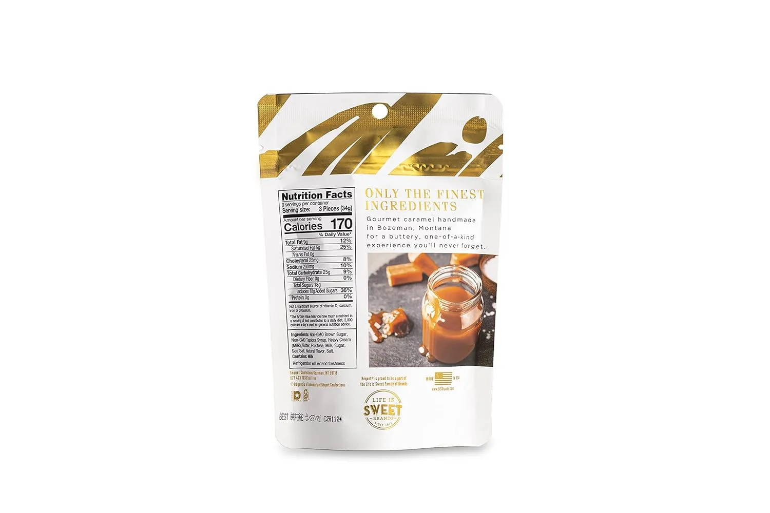 Béquet Caramel - Celtic Sea Salt Caramel - Gourmet Caramel Candy - Salted Caramel Candy Individually Wrapped - Made in Montana - Kosher (Star D) and Gluten Free - 3.6 oz Single Pouch