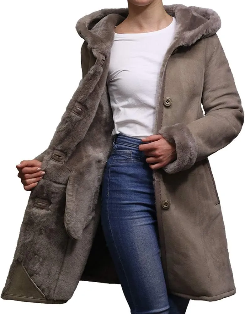 BRANDSLOCK Women Spanish Merino Genuine Shearling Sheepskin Leather Toscana Coat
