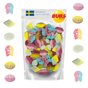 Bubs Swedish Candy Mix (1 LB) Assortment Bag – Tutti Frutti, Dizzy Skull, Banana, Strawberry Pomegranate, Cool Fruity Pear & Big Sour Skull – Sweet & Sour Swedish Gummies – Imported from Sweden & Packed in a Svenska Imports bag.