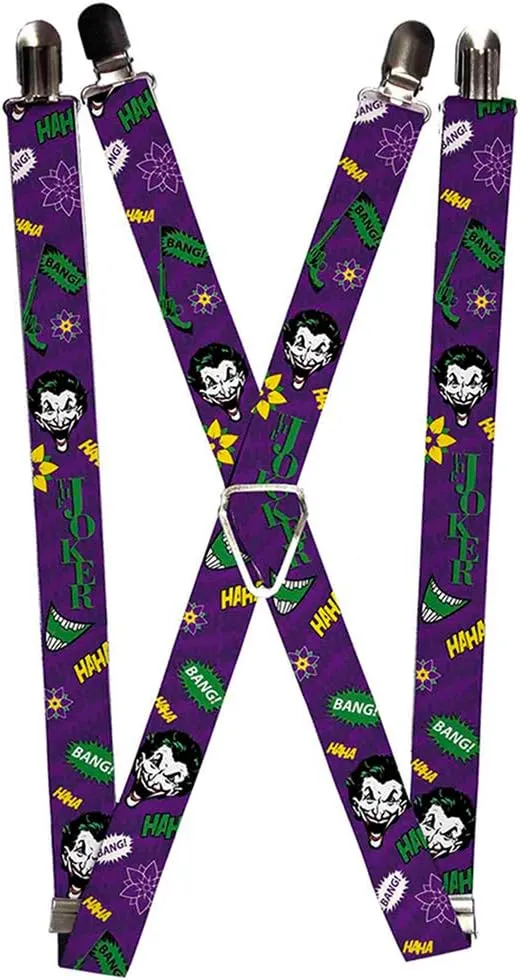 Buckle-Down Suspenders-The Joker Face/Elements Collage Purple/Green/ye