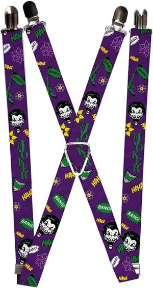 Buckle-Down Suspenders-The Joker Face/Elements Collage Purple/Green/ye