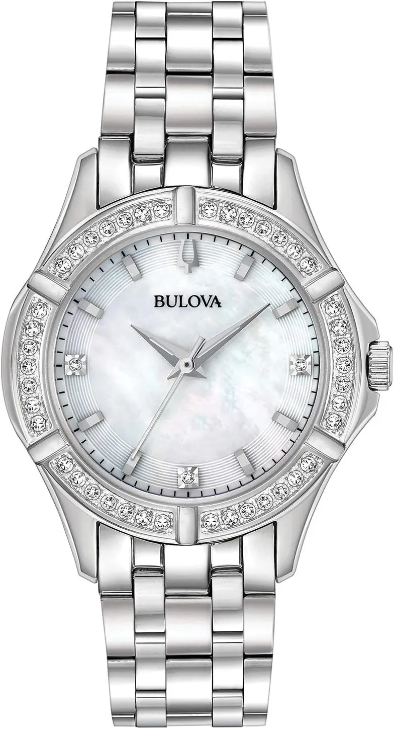 Bulova Ladies' Classic Stainless Steel 3-Hand Quartz Watch, Diamond Dial and Bezel with White Mother-of-Pearl Dial Style: 96R233