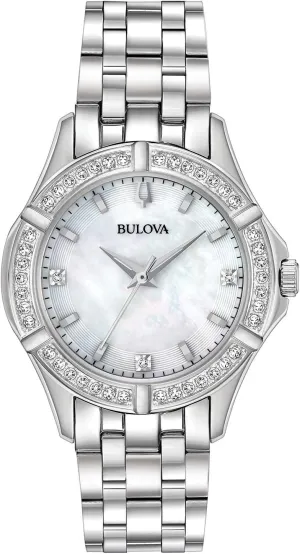 Bulova Ladies' Classic Stainless Steel 3-Hand Quartz Watch, Diamond Dial and Bezel with White Mother-of-Pearl Dial Style: 96R233