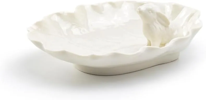 Bunny Figurine Fine Porcelain Cabbage Leaf Shaped Candy Dish Spring Easter Home Decor, Small, White