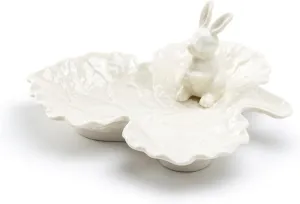 Bunny Figurine Fine Porcelain Leaf Shaped Candy Dish Spring Easter Home Decor, Small, White
