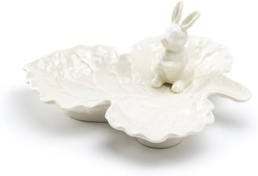 Bunny Figurine Fine Porcelain Leaf Shaped Candy Dish Spring Easter Home Decor, Small, White