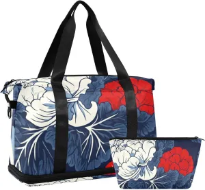 Cabbage Japanese Style Blue Red Sports Tote Gym Bag Weekender Travel Overnight Bag with Adjustable Strap for Workout 2 Pcs Set