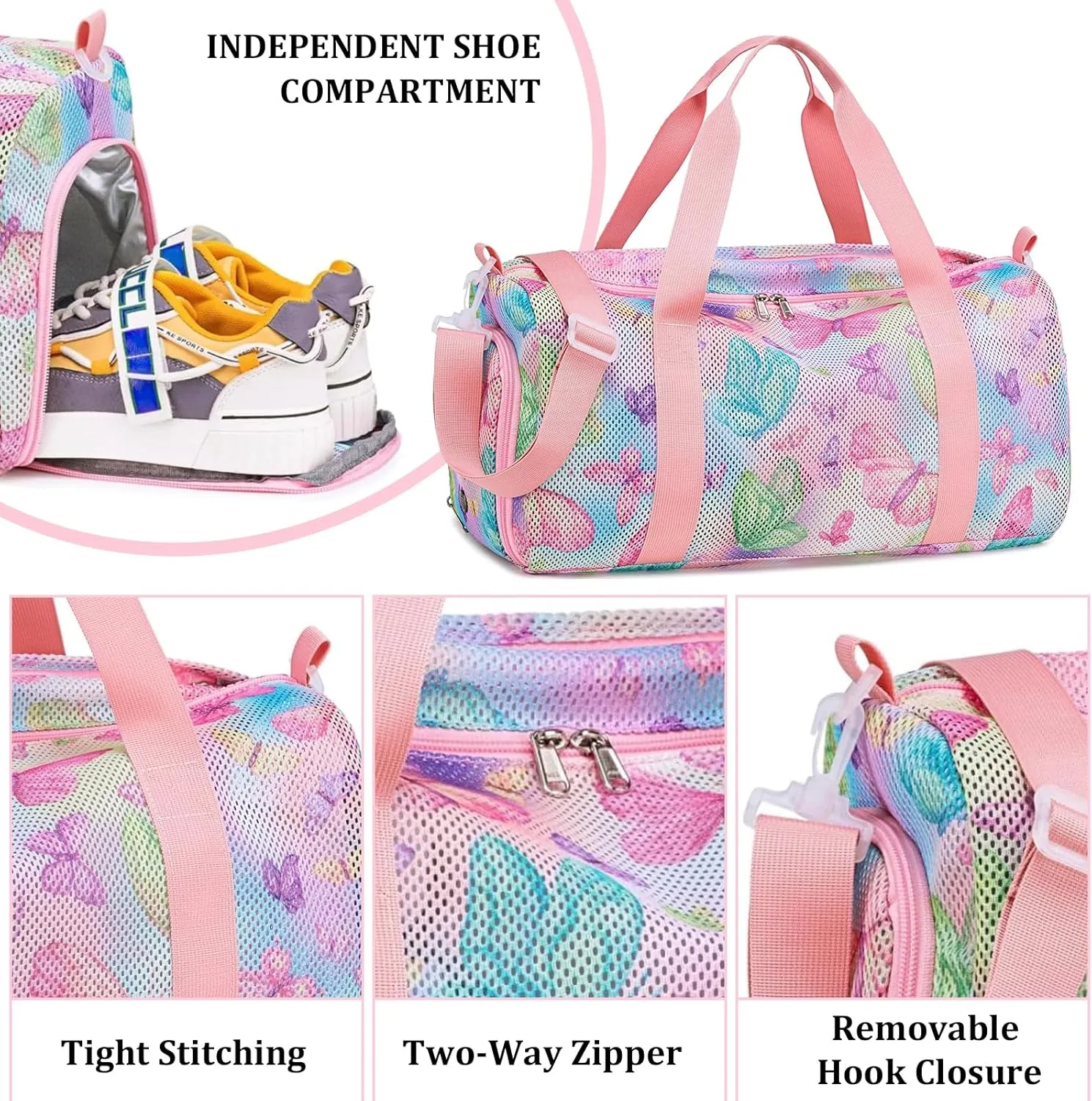 CAMTOP Duffle Bag for Travel Kids Small Overnight Weekender Sleepover Mesh bag Carry On Dance Sport Bag with Shoe Compartment & Wet pocket for Swim Beach Camp Travel (Butterfly Pink)