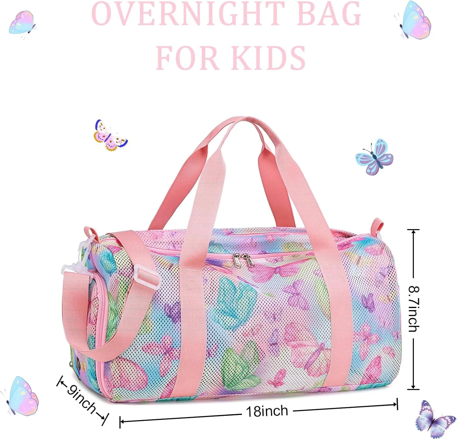 CAMTOP Duffle Bag for Travel Kids Small Overnight Weekender Sleepover Mesh bag Carry On Dance Sport Bag with Shoe Compartment & Wet pocket for Swim Beach Camp Travel (Butterfly Pink)