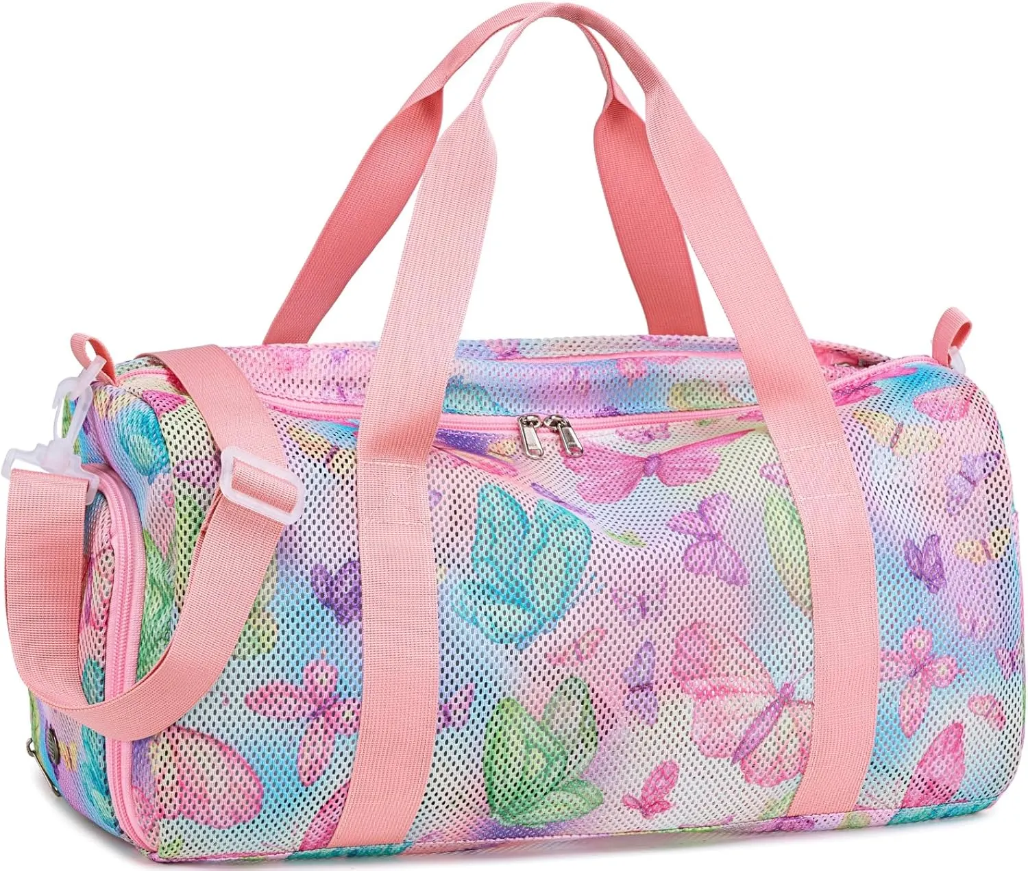CAMTOP Duffle Bag for Travel Kids Small Overnight Weekender Sleepover Mesh bag Carry On Dance Sport Bag with Shoe Compartment & Wet pocket for Swim Beach Camp Travel (Butterfly Pink)