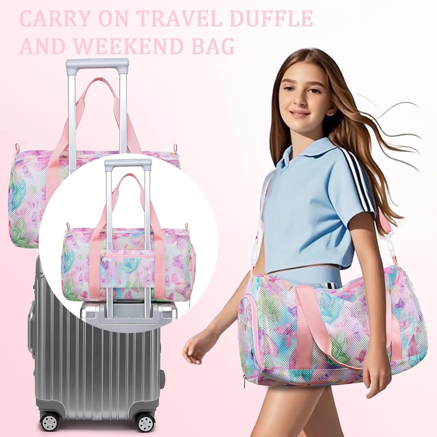 CAMTOP Duffle Bag for Travel Kids Small Overnight Weekender Sleepover Mesh bag Carry On Dance Sport Bag with Shoe Compartment & Wet pocket for Swim Beach Camp Travel (Butterfly Pink)