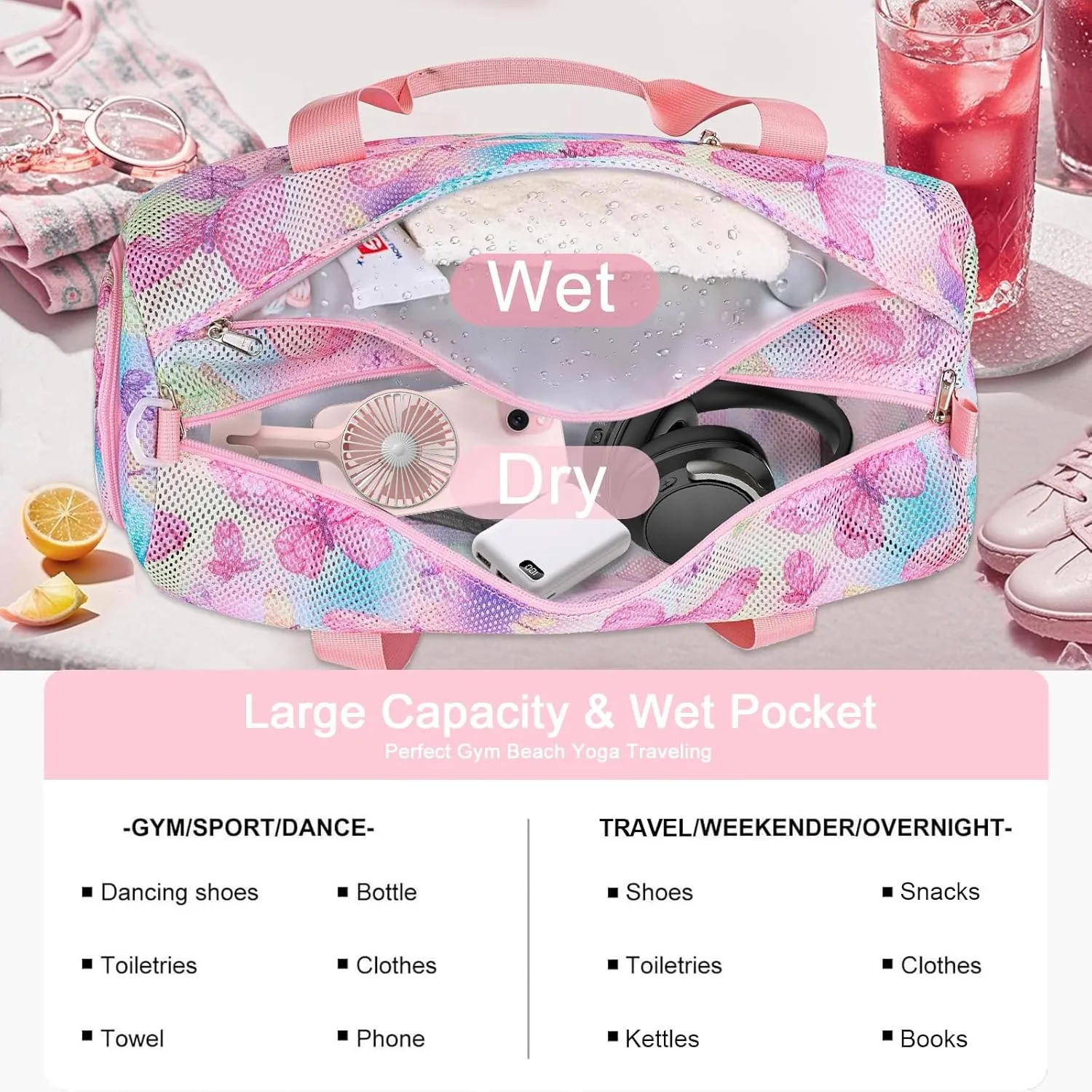 CAMTOP Duffle Bag for Travel Kids Small Overnight Weekender Sleepover Mesh bag Carry On Dance Sport Bag with Shoe Compartment & Wet pocket for Swim Beach Camp Travel (Butterfly Pink)