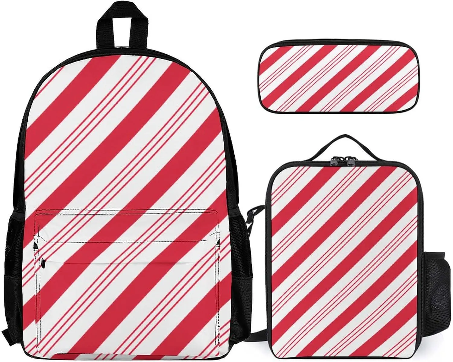 Candy Cane Red Stripes Christmas Lightweight Pocket Backpack Crossbody Lunch Bag Set Unisex