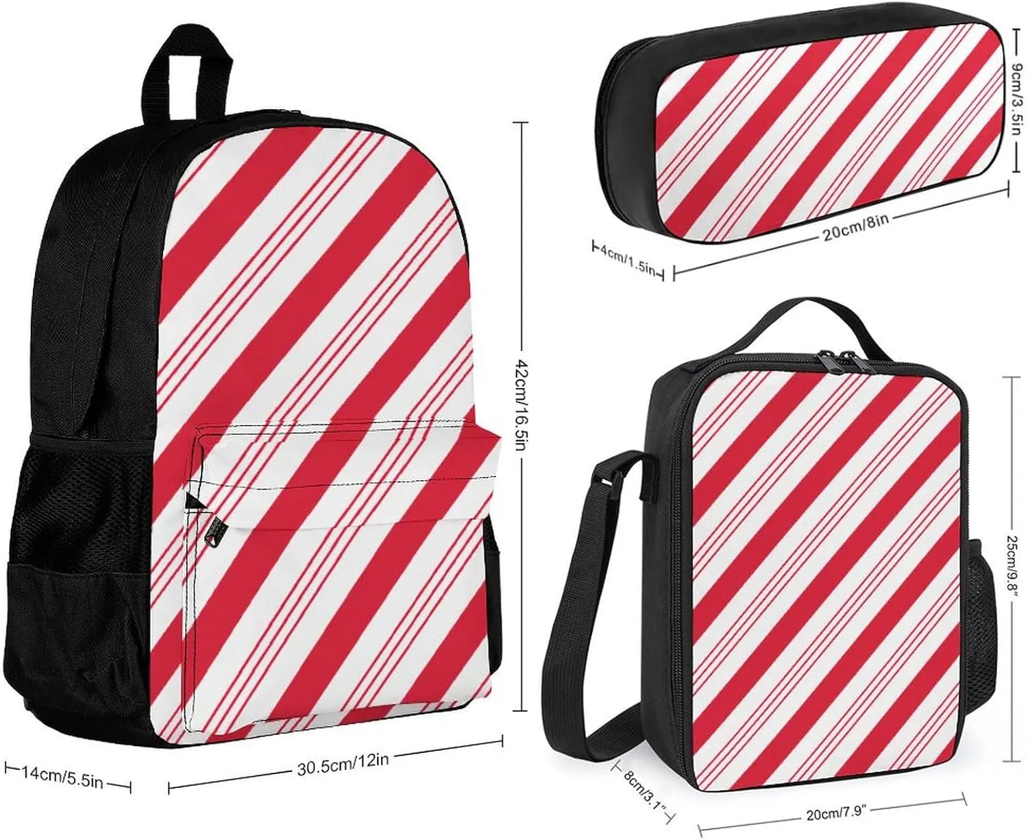 Candy Cane Red Stripes Christmas Lightweight Pocket Backpack Crossbody Lunch Bag Set Unisex